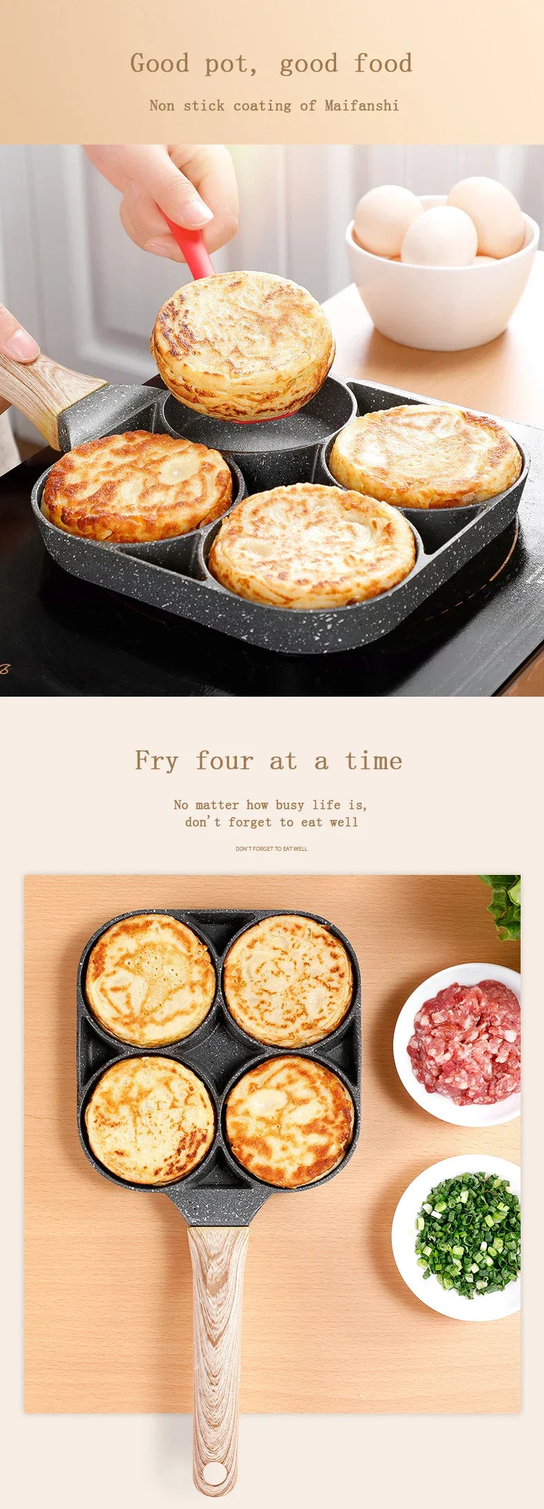4-håls Omelettpanna – Non-stick Stekpanna för Ägg, Pannkakor, Hamburgare & Mer